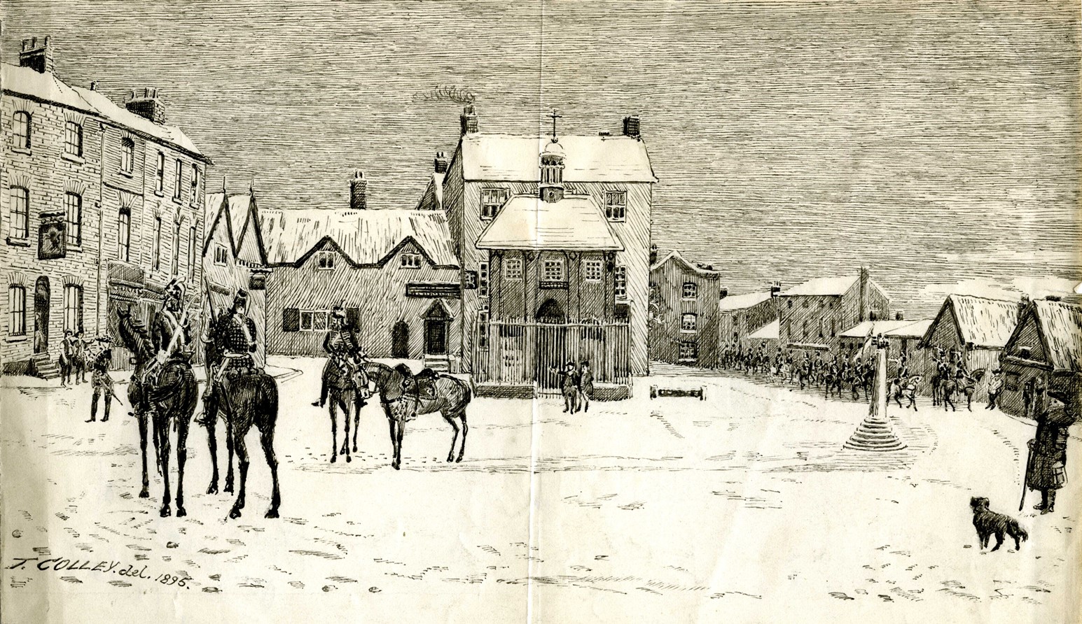 Jacobite troops in the Market Place, Altrincham, 1745. Tom Colley artist.